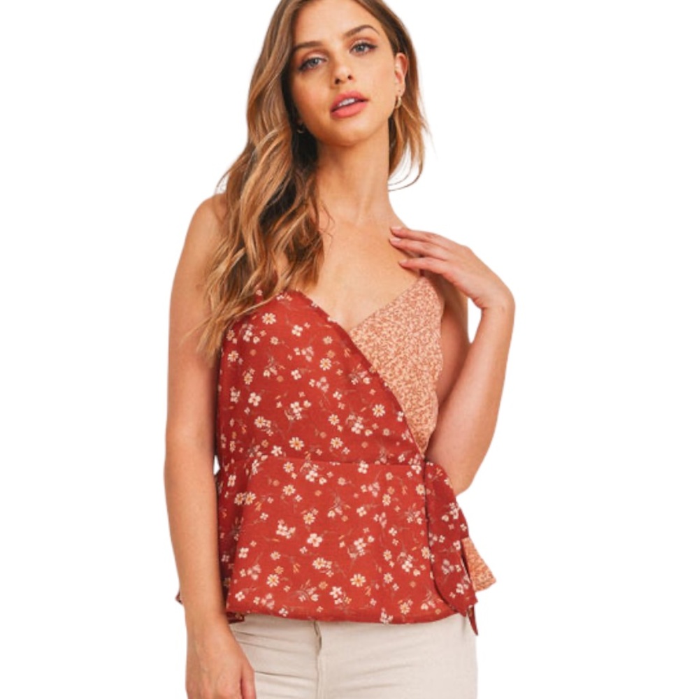 Paper Crane Double Print Wrap Peplum Tank Top Brown / Cream S